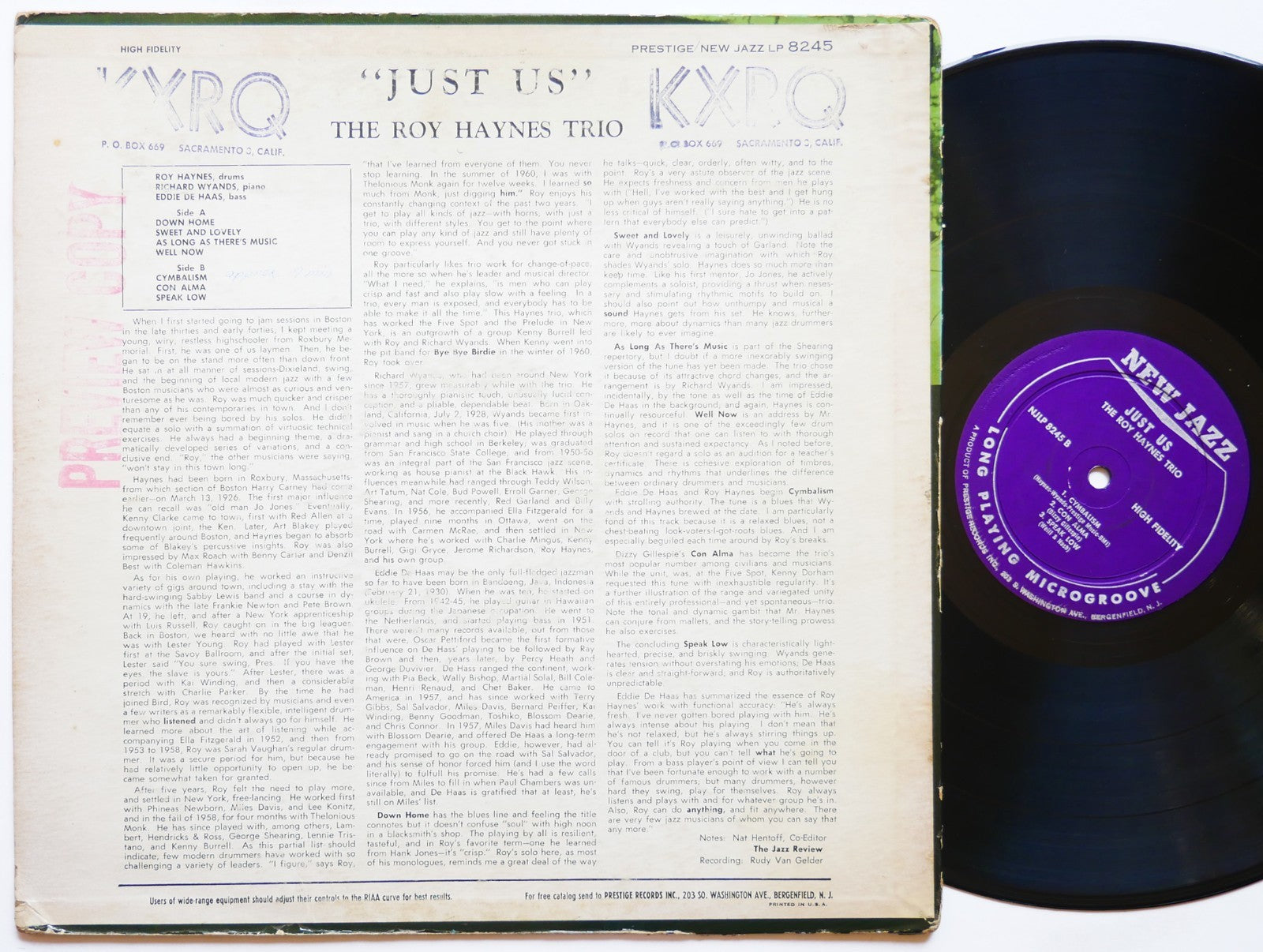 ROY HAYNES TRIO Just Us LP NEW JAZZ NJLP 8245 US 1961 RVG DG MONO Richard Wyands