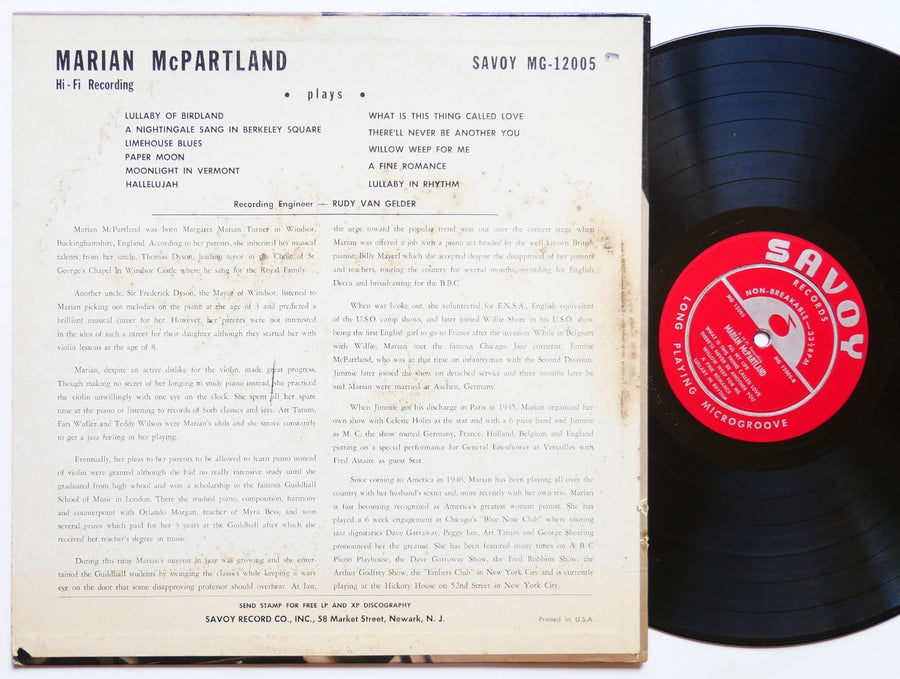 MARIAN MCPARTLAND Lullaby of Birdland LP SAVOY RECORDS MG-12005 US 1955 DG MONO