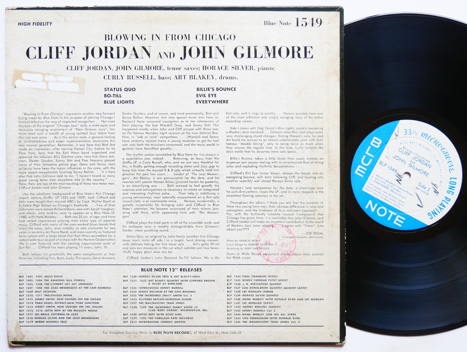 CLIFFORD JORDAN JOHN GILMORE Blowing In From Chicago LP BLUE NOTE 1549 US 1958