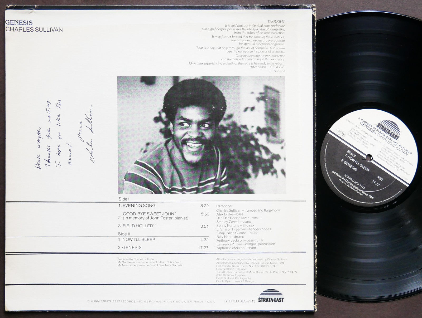 SIGNED by CHARLES SULLIVAN Genesis LP STRATA-EAST SES-7413 US '74 Stanley Cowell