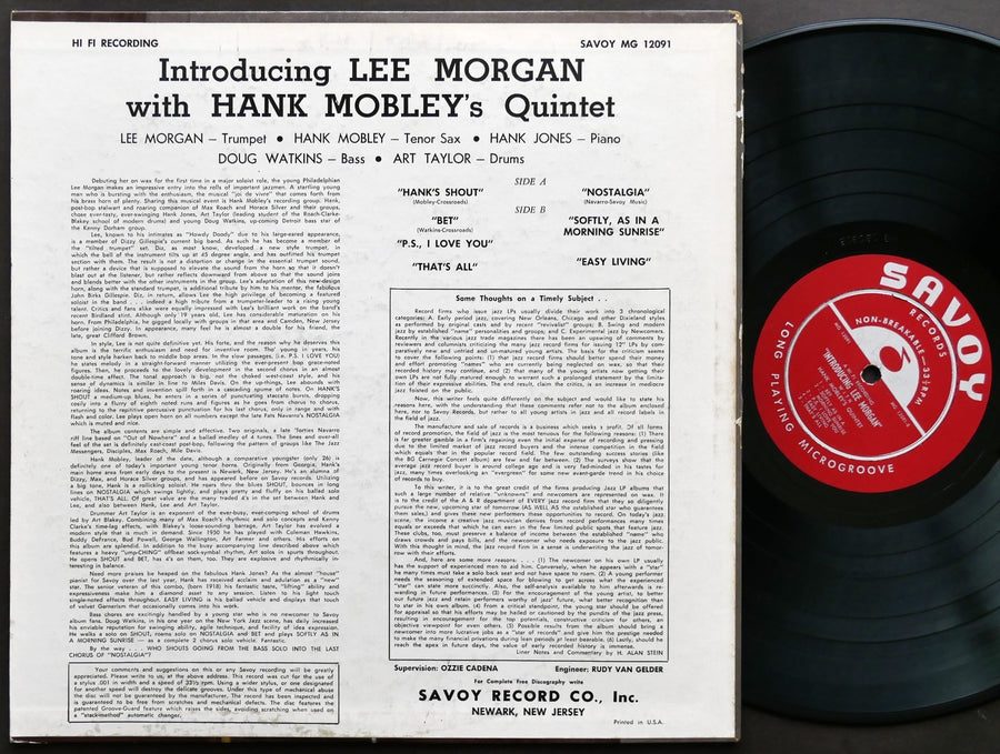 LEE MORGAN HANK MOBLEY Quintet Introducing LP SAVOY MG-12091 US 1956 RVG DG MONO