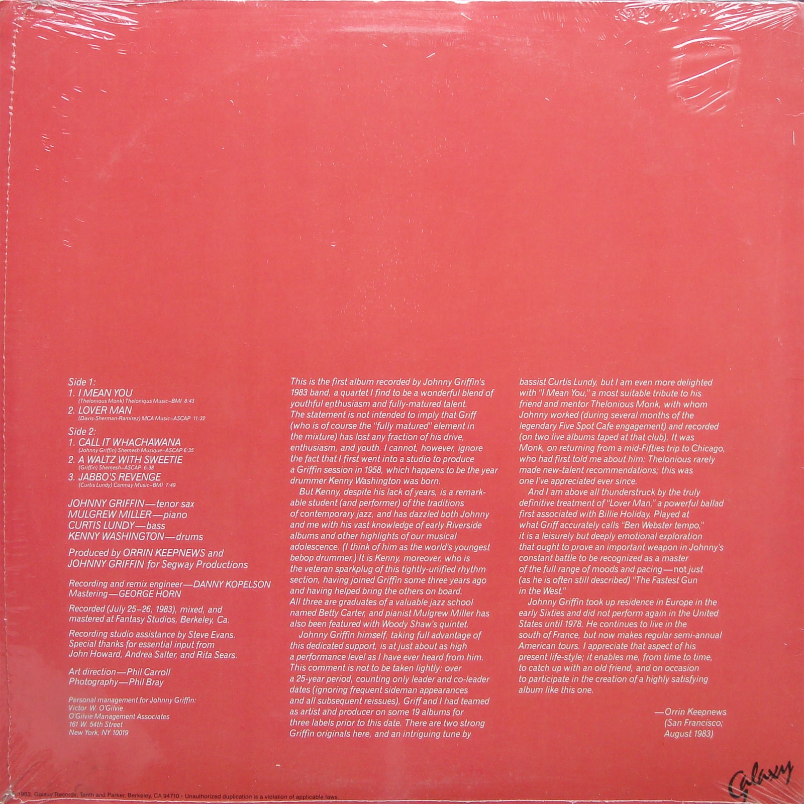 JOHNNY GRIFFIN Call It Whachawana LP GALAXY GXY-5146 US 1983 JAZZ SEALED