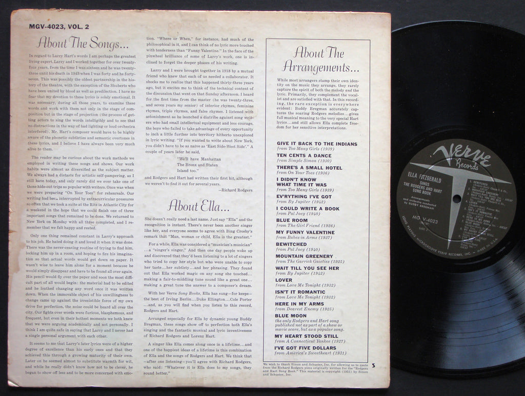ELLA FITZGERALD Sings The Rodgers And Hart Songbook Vol.2 LP VERVE MGV 4023 MONO