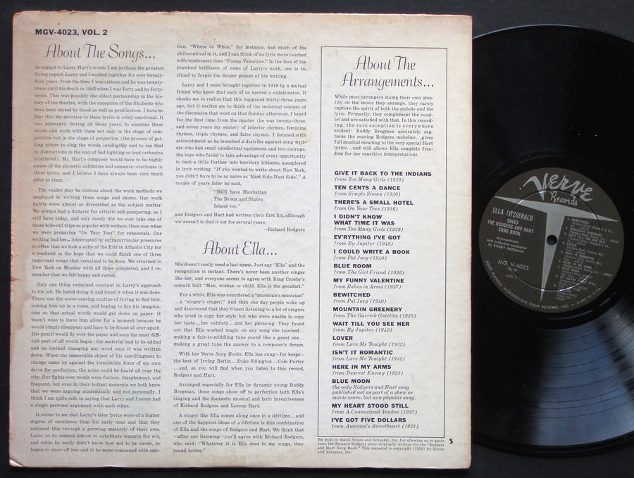 ELLA FITZGERALD Sings The Rodgers And Hart Songbook Vol.2 LP VERVE MGV 4023 MONO