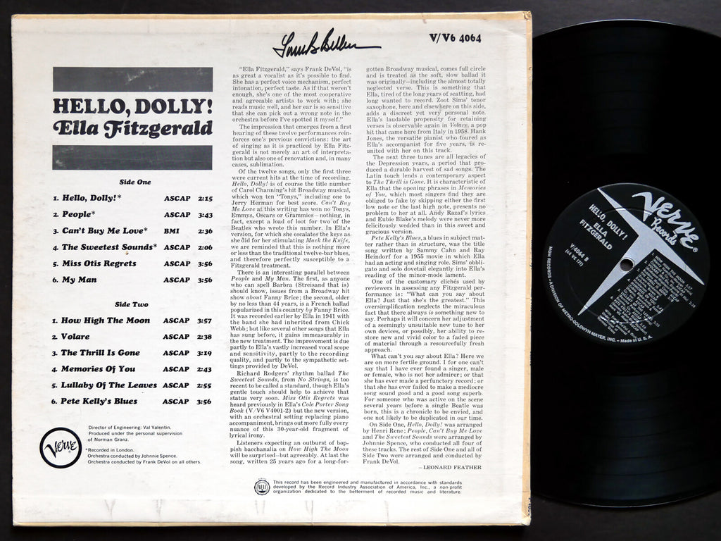 ELLA FITZGERALD Hello, Dolly! LP VERVE RECORDS V-4064 US 1964 DG MONO VOCAL JAZZ