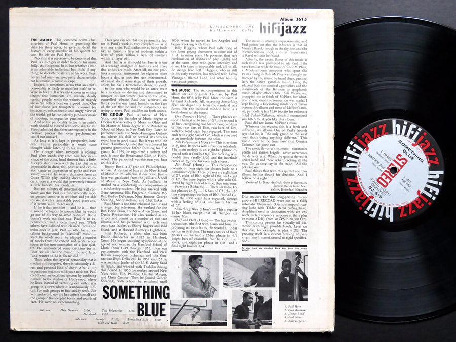 PAUL HORN Quintet Something Blue LP HIFI JAZZ SJ-615 US 1960 ST David Axelrod