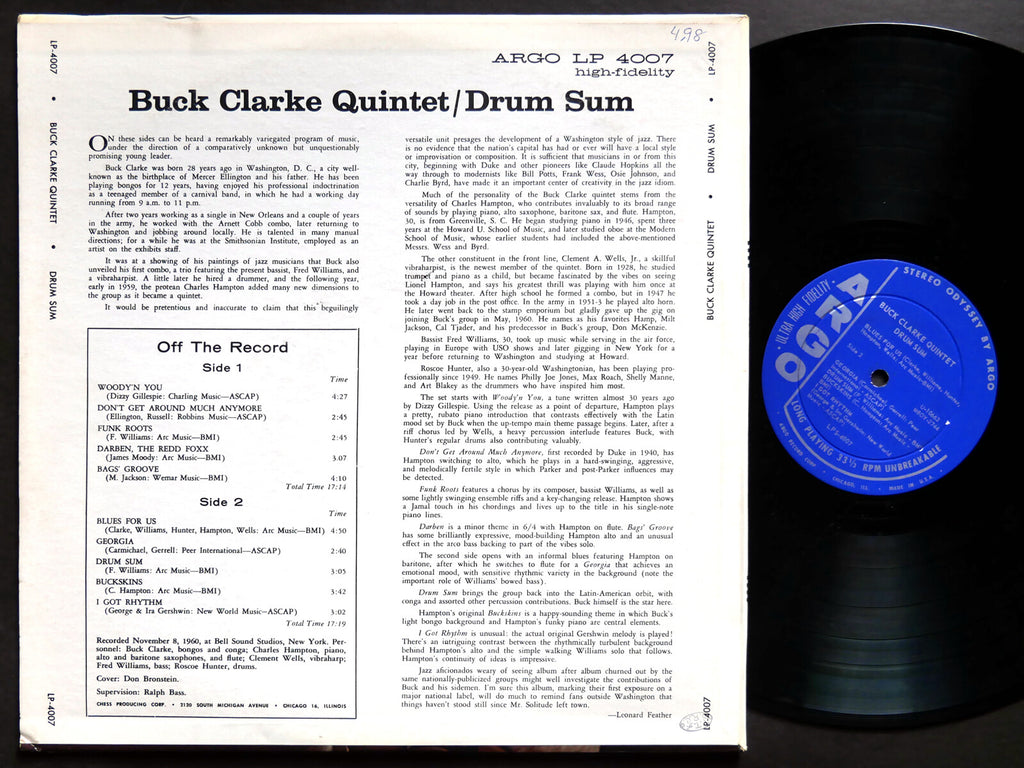 BUCK CLARKE QUINTET Drum Sum LP ARGO LPS 4007 US 1961 DG ST Charles Hampton