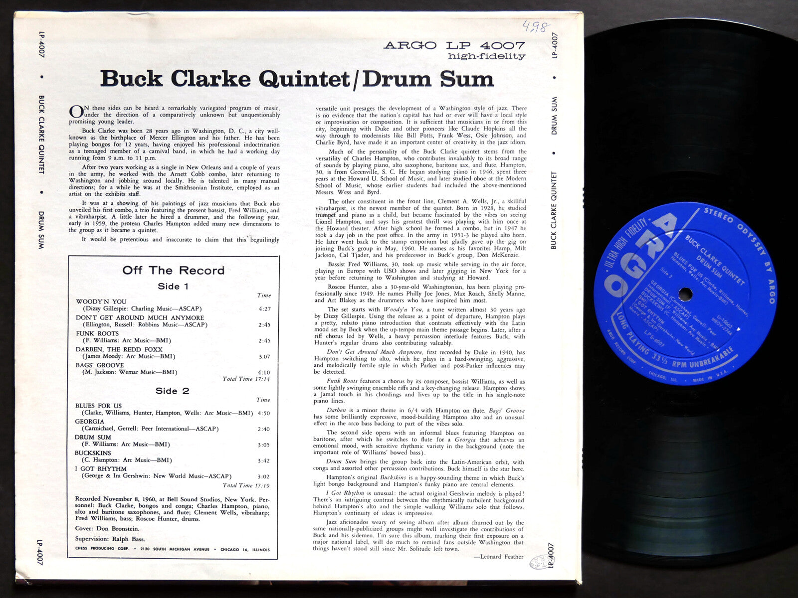 BUCK CLARKE QUINTET Drum Sum LP ARGO LPS 4007 US 1961 DG ST Charles Hampton