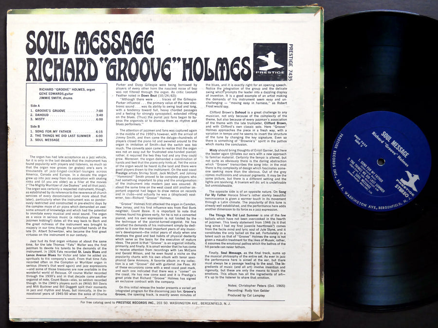 RICHARD GROOVE HOLMES Soul Message LP PRESTIGE PRST 7435 US 1965 JAZZ RVG ST