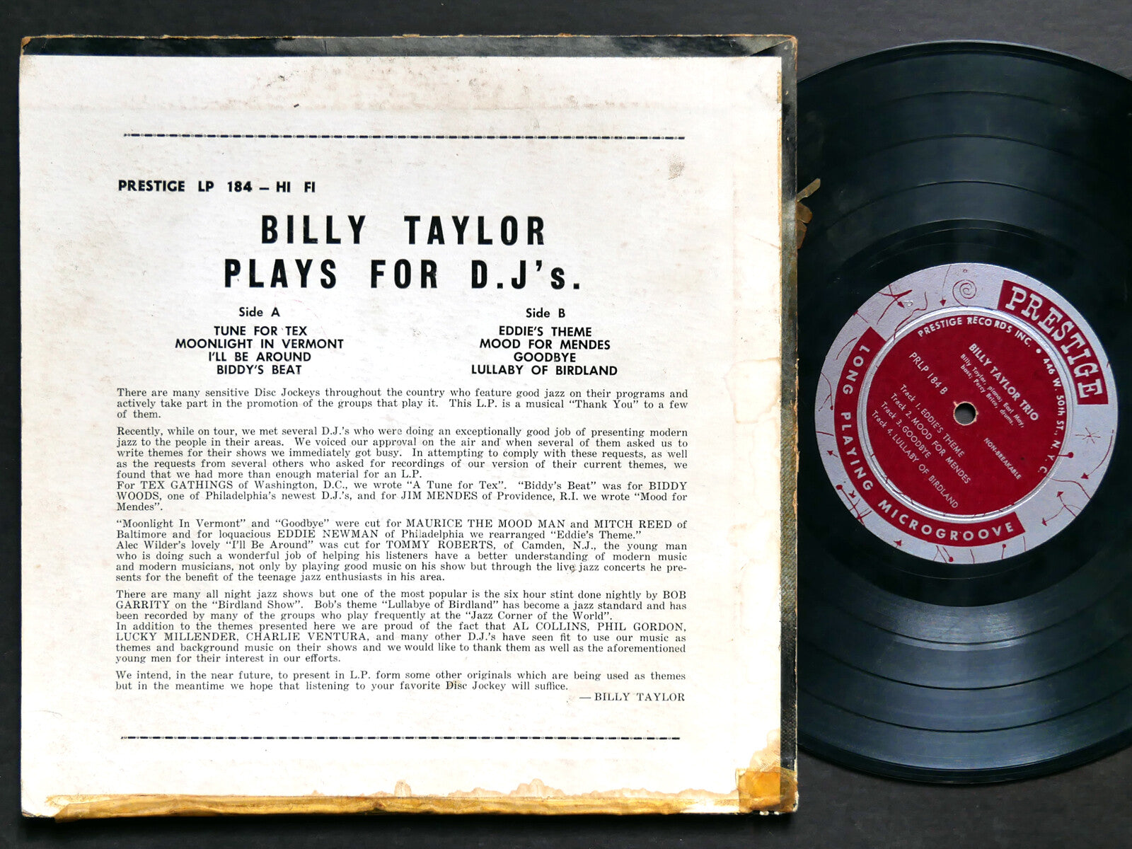 BILLY TAYLOR TRIO Plays For D.J's. 10" LP PRESTIGE PRLP 184 US 1954 RVG DG MONO