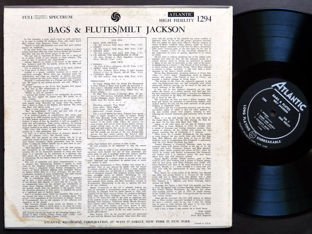 MILT JACKSON Bags & Flutes LP ATLANTIC 1294 US 1959 DG MONO JAZZ Tommy Flanagan