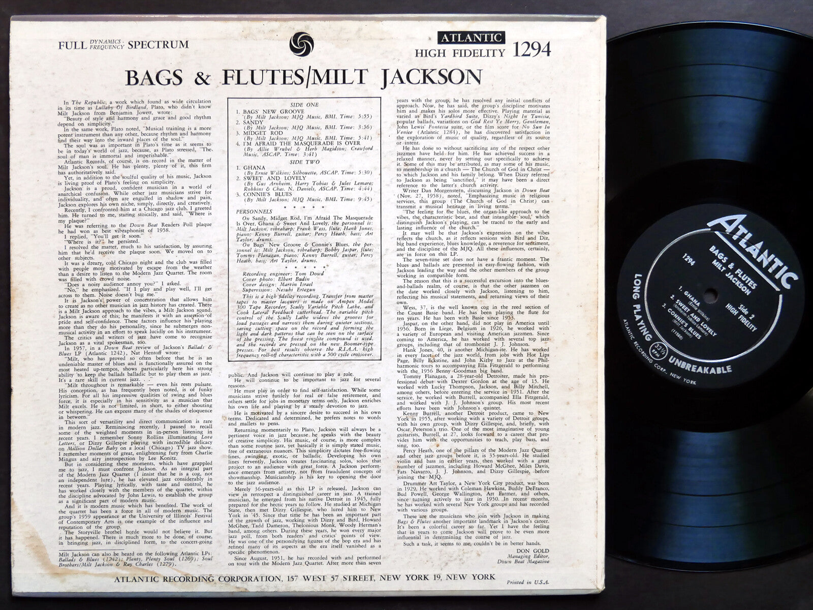 MILT JACKSON Bags & Flutes LP ATLANTIC 1294 US 1959 DG MONO JAZZ Tommy Flanagan