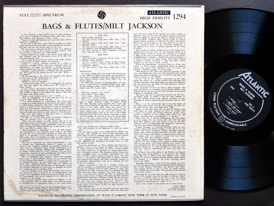 MILT JACKSON Bags & Flutes LP ATLANTIC 1294 US 1959 DG MONO JAZZ Tommy Flanagan