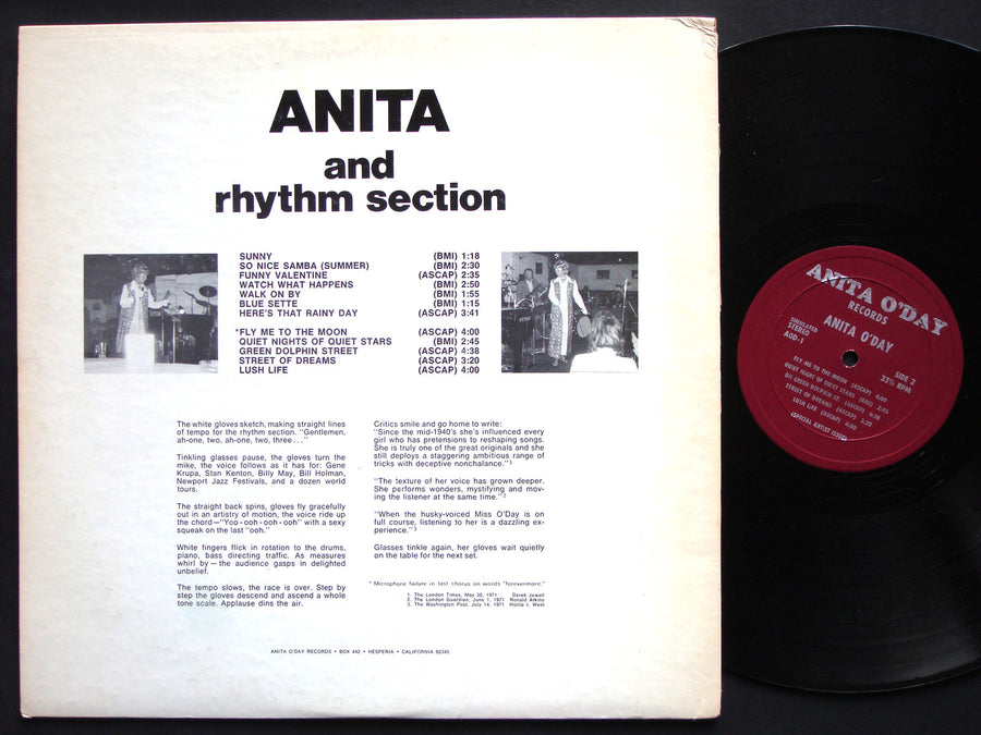 ANITA O'DAY Anita and Rhythm Section LP ANITA O'DAY RECORDS AOD1 US 1971 JAZZ