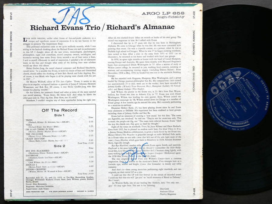 RICHARD EVANS TRIO Richard's Almanac LP ARGO LPS-658 US 1959 DG JAZZ Jack Wilson