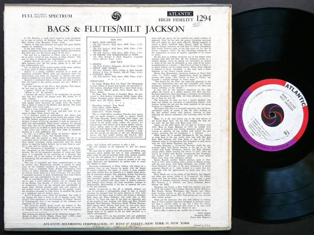 MILT JACKSON Bags & Flutes LP ATLANTIC 1294 DG MONO Tommy Flanagan Kenny Burrell
