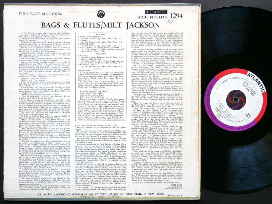 MILT JACKSON Bags & Flutes LP ATLANTIC 1294 DG MONO Tommy Flanagan Kenny Burrell