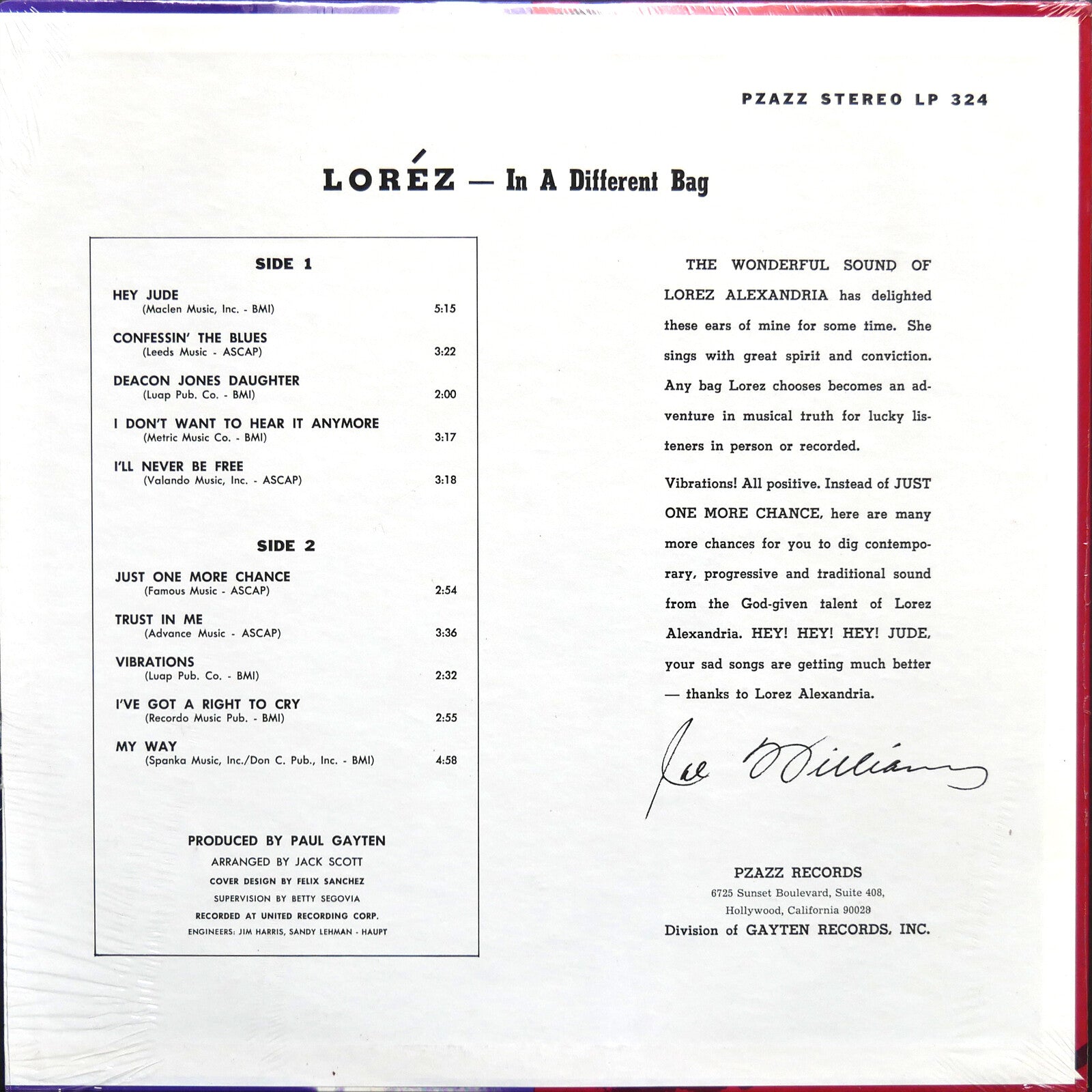 LOREZ ALEXANDRIA In A Different Bag LP PZAZZ RECORDS SLP 324 US 1969 Jazz SEALED