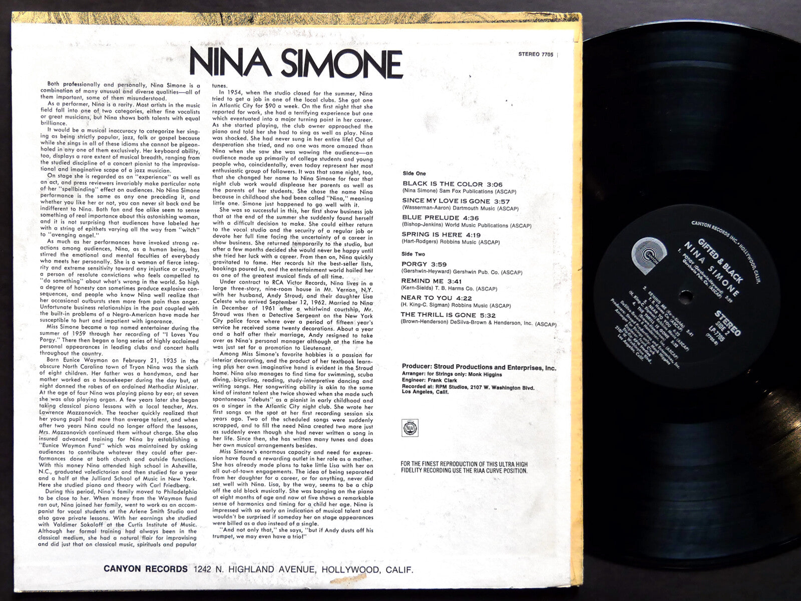NINA SIMONE Gifted & Black LP CANYON RECORDS LP-7705 US 1970 Jazz Blues VG+