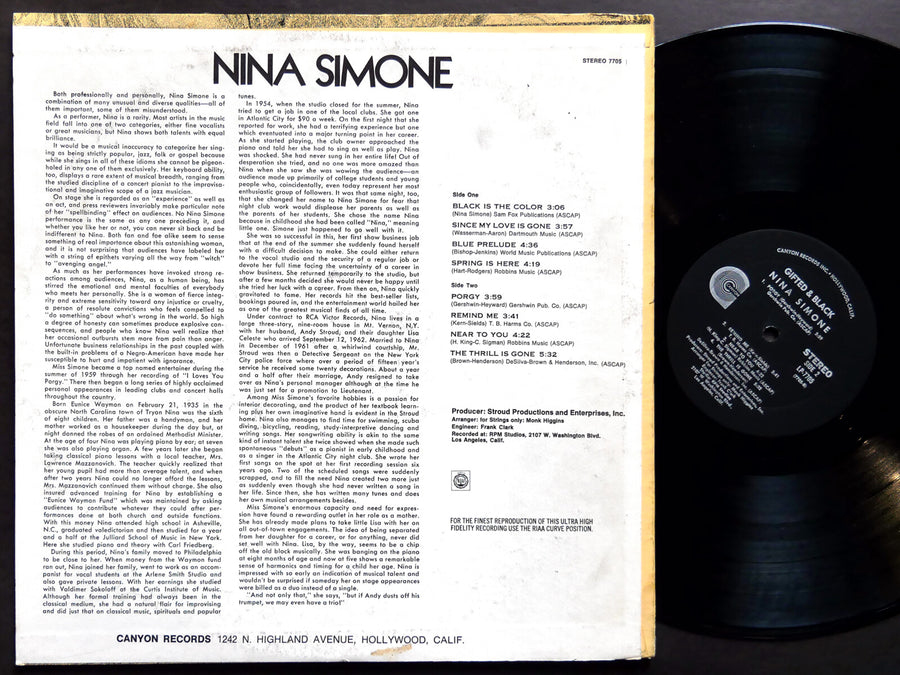 NINA SIMONE Gifted & Black LP CANYON RECORDS LP-7705 US 1970 Jazz Blues VG+