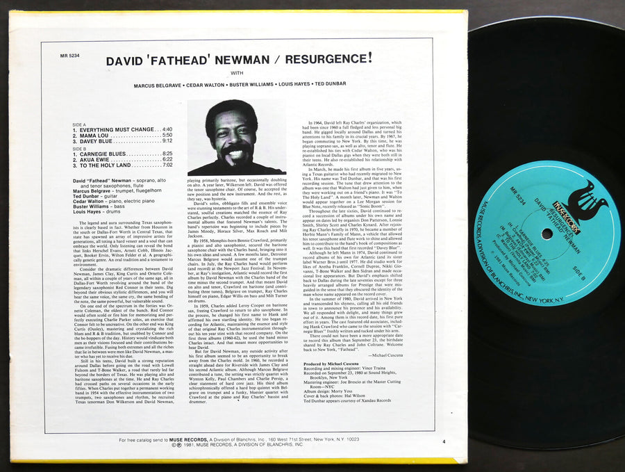 SIGNED by DAVID FATHEAD NEWMAN Resurgence! LP MUSE RECORDS MR 5234 US 1981