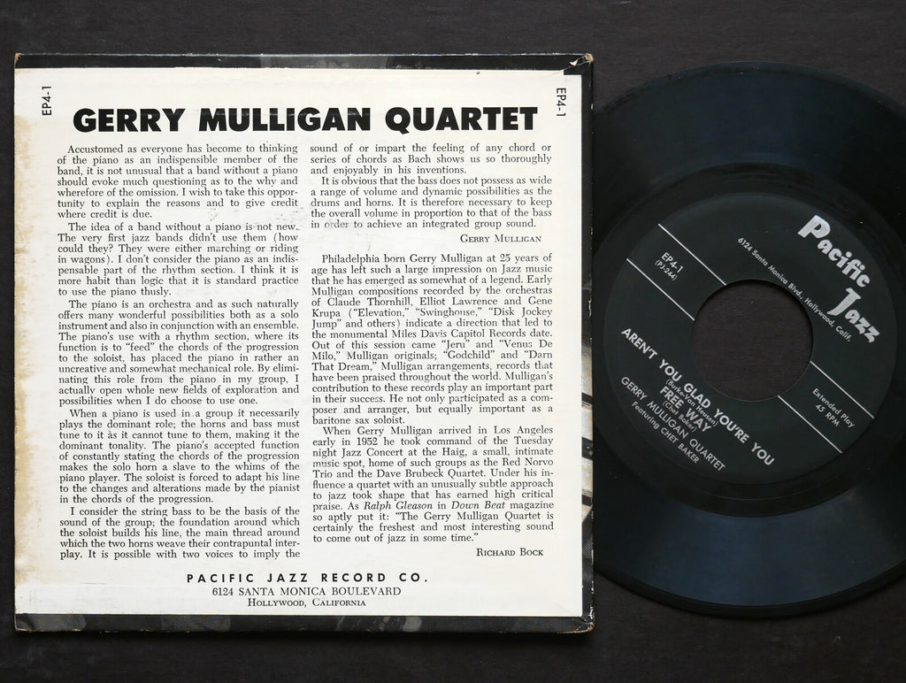 GERRY MULLIGAN Quartet CHET BAKER 7" PACIFIC JAZZ RECORDS EP4-1 US 1952 45 RPM