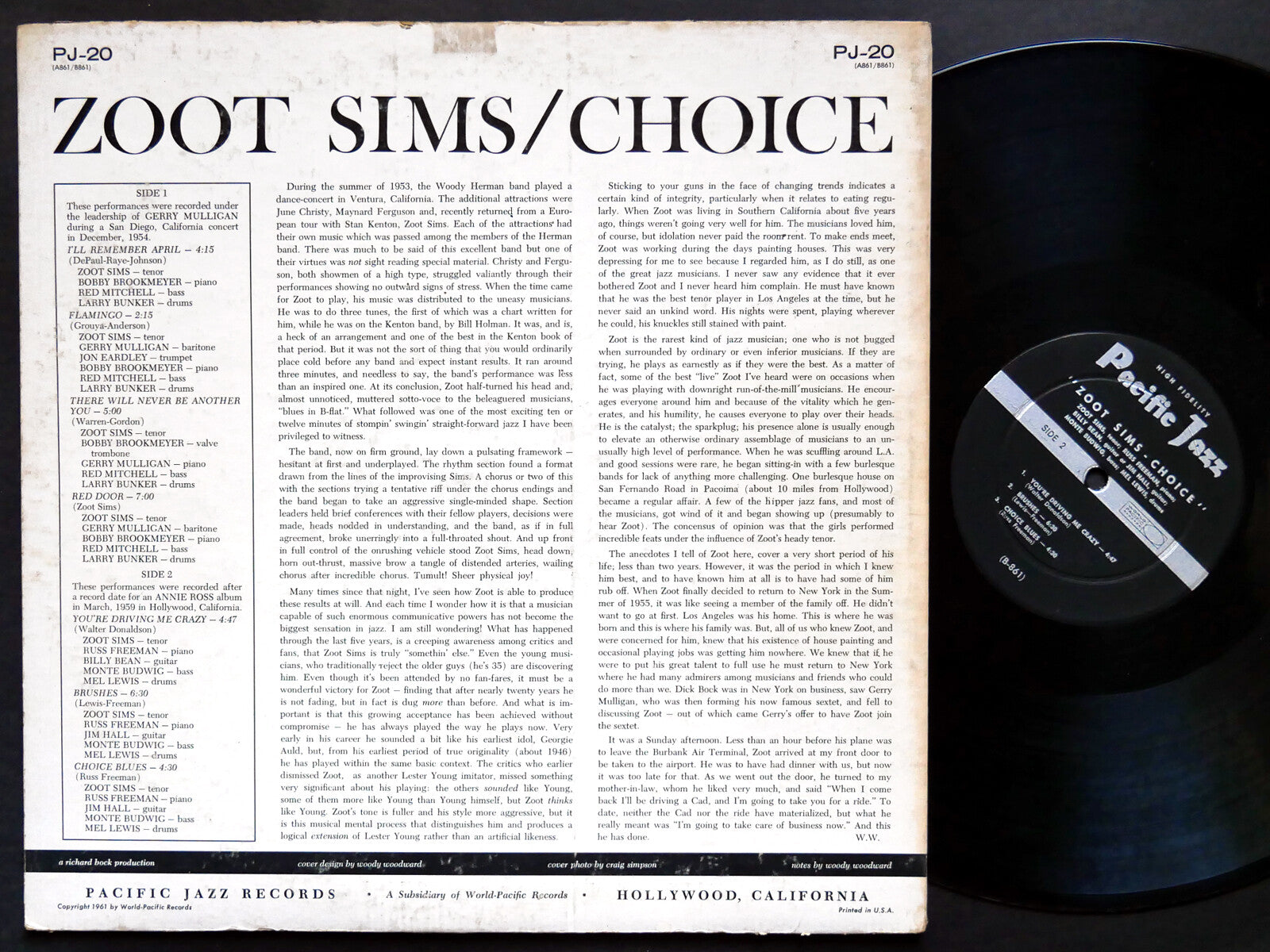 ZOOT SIMS Choice LP PACIFIC JAZZ PJ-20 US 1961 MONO Gerry Mulligan Russ Freeman