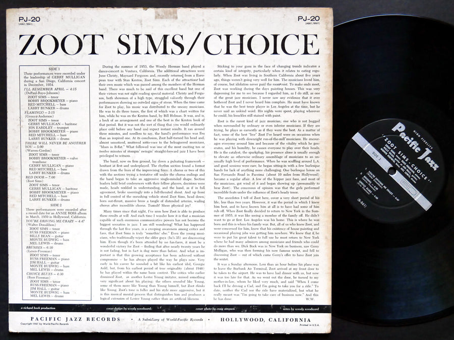ZOOT SIMS Choice LP PACIFIC JAZZ PJ-20 US 1961 MONO Gerry Mulligan Russ Freeman