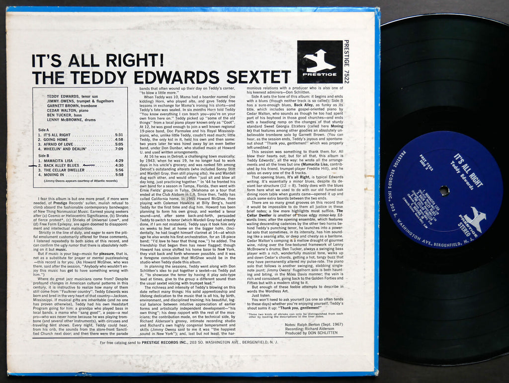 TEDDY EDWARDS Sextet It's All Right LP PRESTIGE PRST 7522 US 1967 Cedar Walton