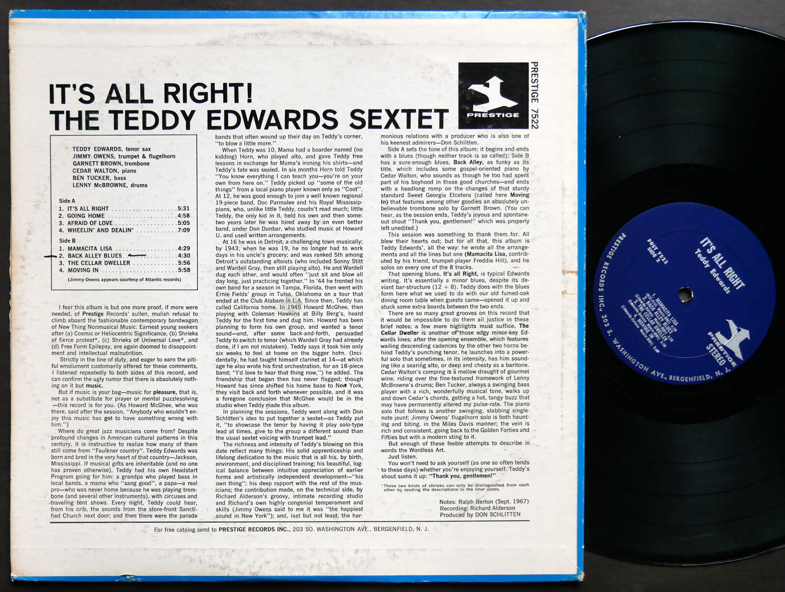 TEDDY EDWARDS Sextet It's All Right LP PRESTIGE PRST 7522 US 1967 Cedar Walton