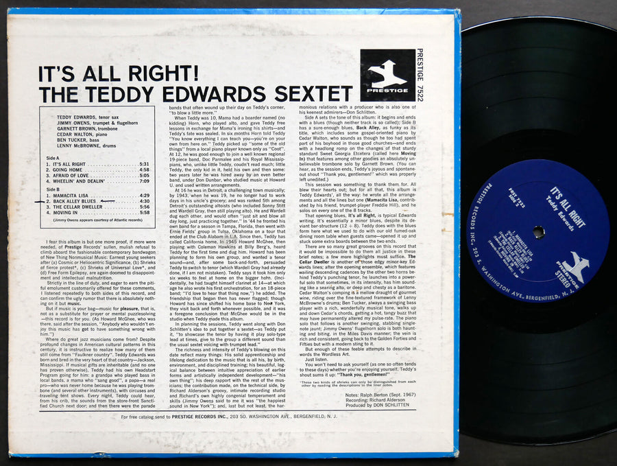 TEDDY EDWARDS Sextet It's All Right LP PRESTIGE PRST 7522 US 1967 Cedar Walton