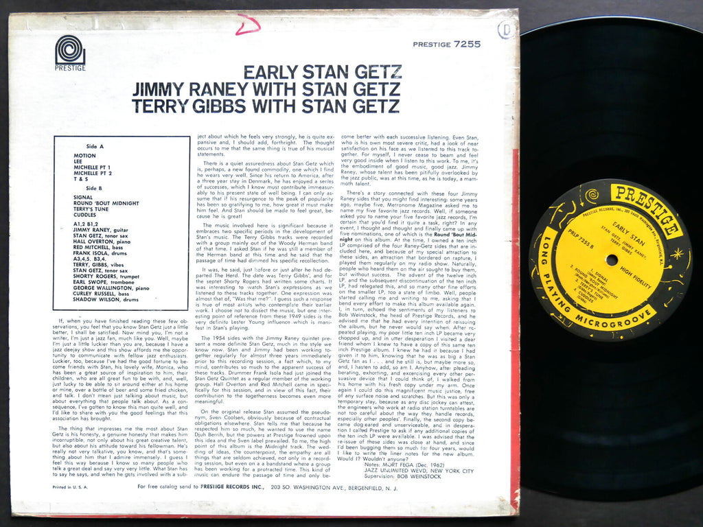 STAN GETZ JIMMY RANEY TERRY GIBBS Early Stan LP PRESTIGE PRLP 7255 US 1963 MONO