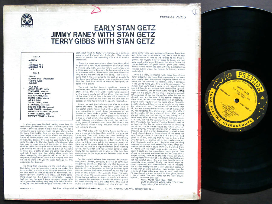 STAN GETZ JIMMY RANEY TERRY GIBBS Early Stan LP PRESTIGE PRLP 7255 US 1963 MONO