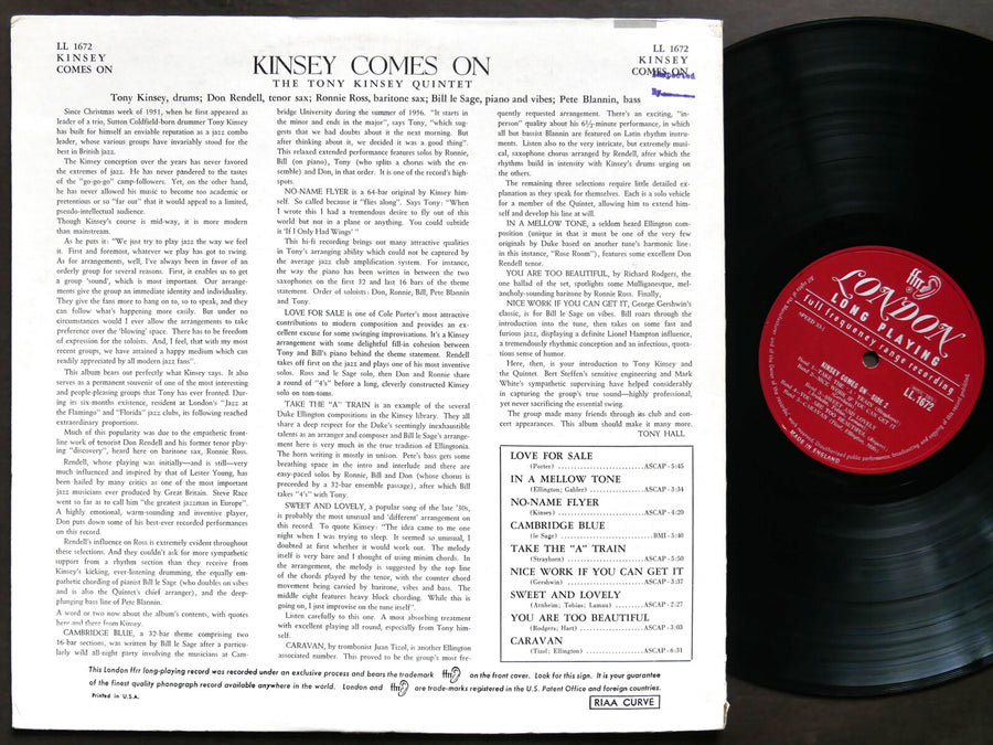 TONY KINSEY Quintet Kinsey Comes On LP LONDON RECORDS LL 1672 UK 1957 MONO