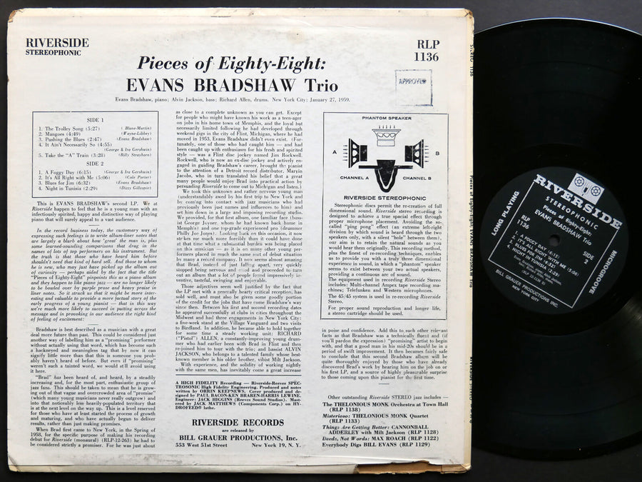 EVANS BRADSHAW TRIO Pieces Of Eighty-Eight LP RIVERSIDE RLP 1136 US 1959 JAZZ ST