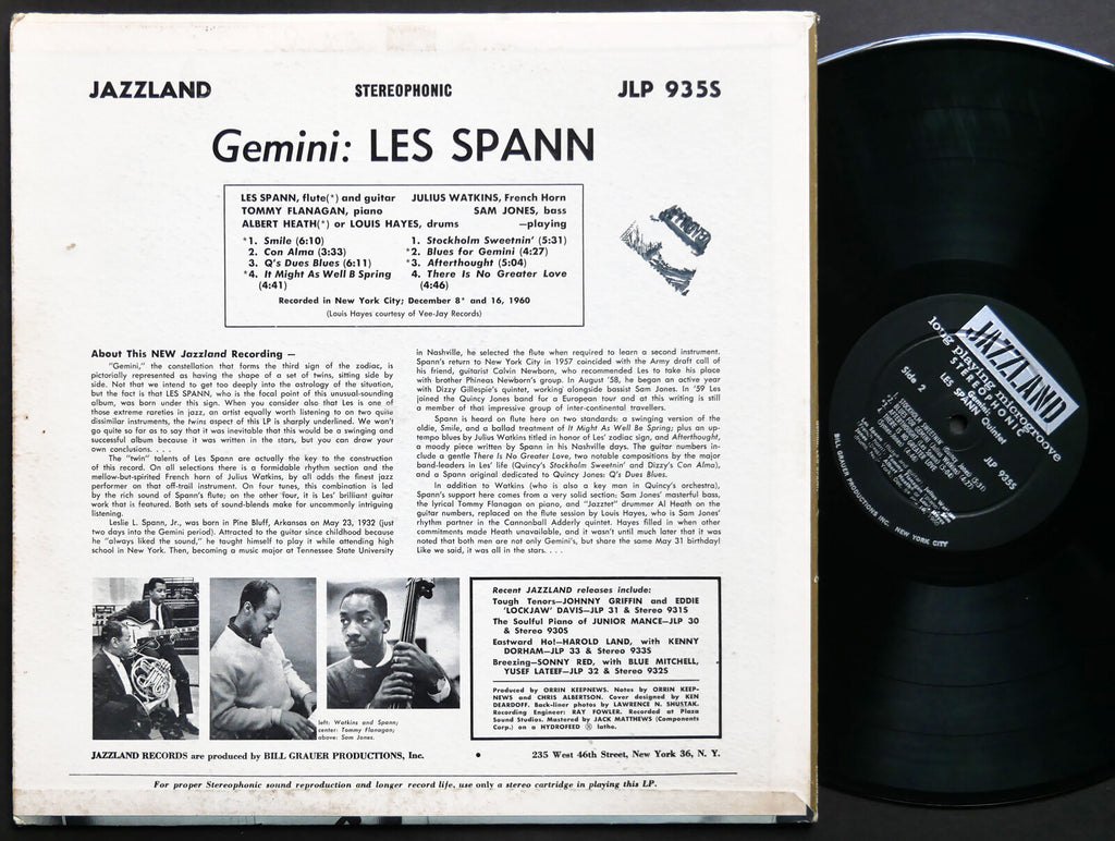LES SPANN Gemini LP JAZZLAND JLP 935S US 1961 DG ST Tommy Flanagan Sam Jones