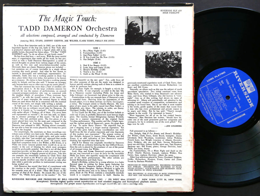 TADD DAMERON The Magic Touch LP RIVERSIDE RLP 419 MONO Bill Evans Johnny Griffin