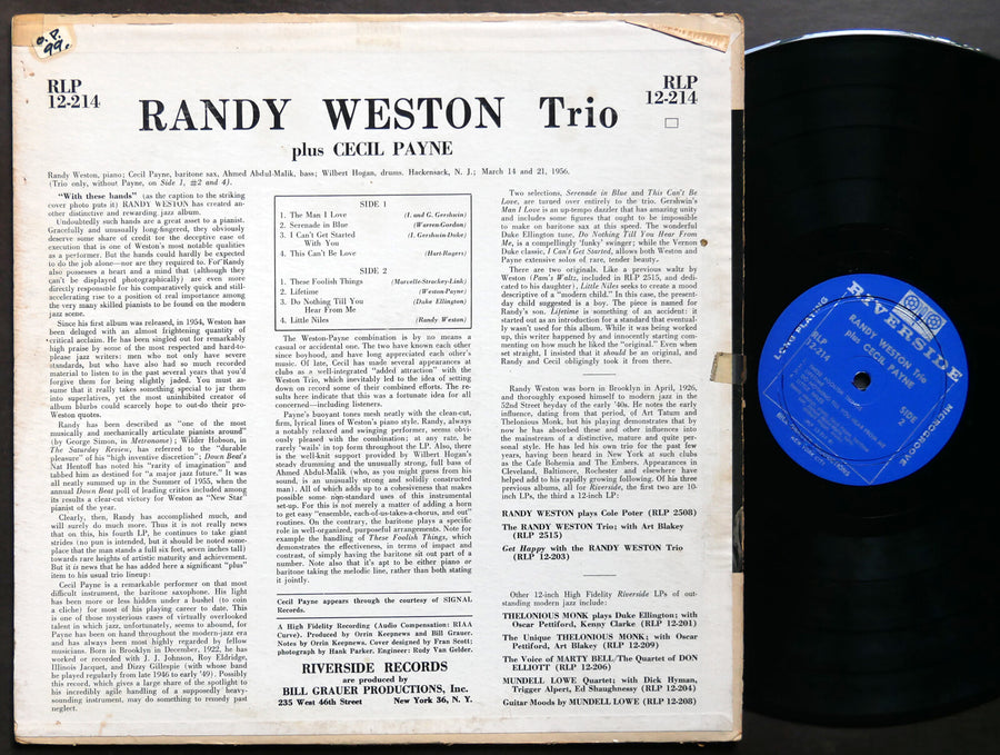 RANDY WESTON Trio CECIL PAYNE With These Hands LP RIVERSIDE RLP 12-214 DG MONO