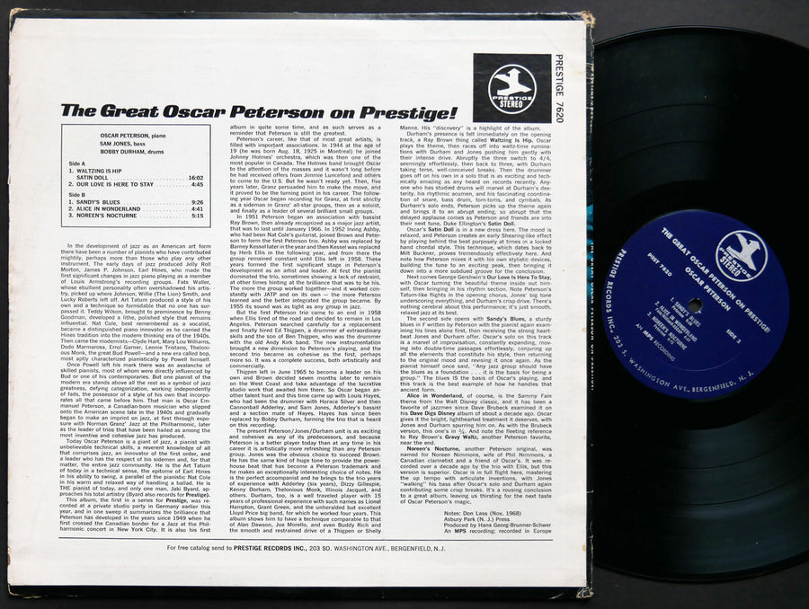 OSCAR PETERSON The Great Oscar Peterson On Prestige LP PRESTIGE PRST 7620 US '68