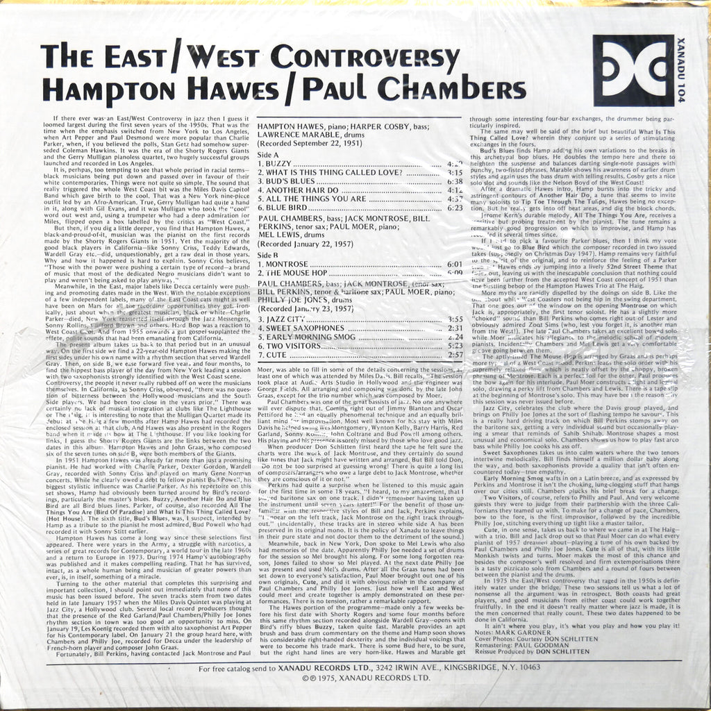HAMPTON HAWES PAUL CHAMBERS The East/West Controversy LP XANADU 104 MONO SEALED