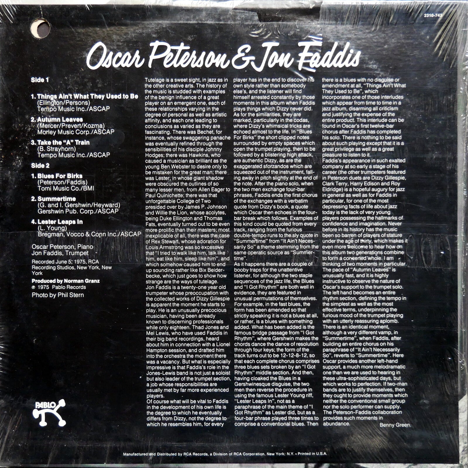 OSCAR PETERSON & JON FADDIS LP PABLO RECORDS 2310 743 US 1975 JAZZ SEALED