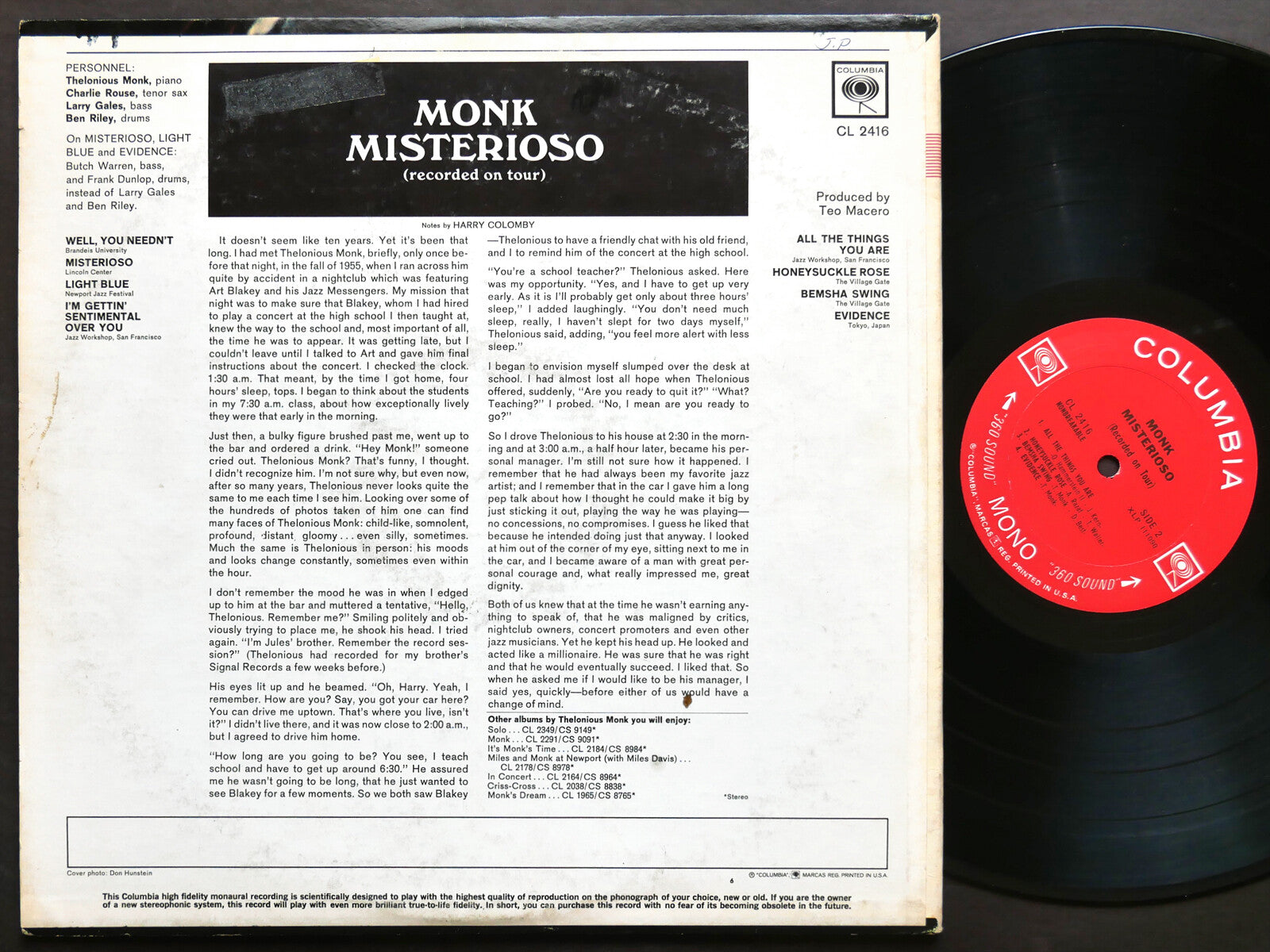 THELONIOUS MONK Misterioso LP COLUMBIA CL 2416 US 1965 2-EYE MONO Charlie Rouse