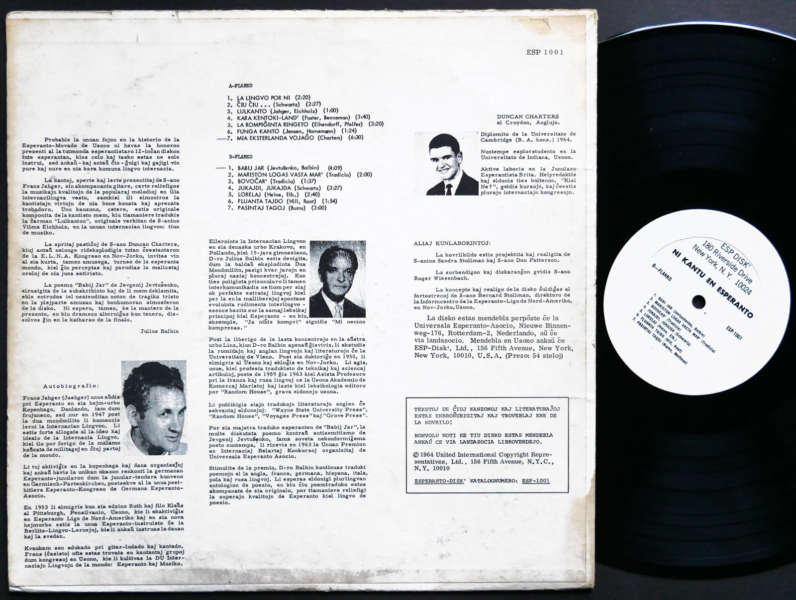 FRANS JAHGER DUNCAN CHARTERS Ni Kantu En Esperanto LP ESP DISK 1001 US 1964