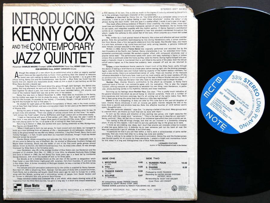 KENNY COX The Contemporary Jazz Quintet Introducing LP BLUE NOTE 84302 US 1968
