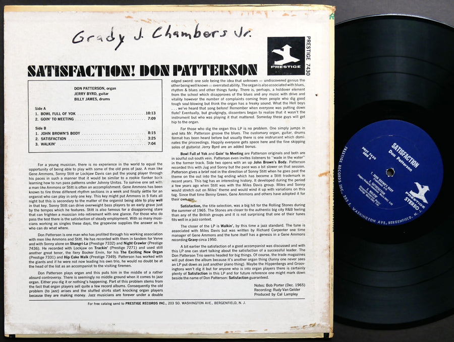 DON PATTERSON Satisfaction! LP PRESTIGE PR 7430 US 1966 RVG ST JAZZ Jerry Byrd