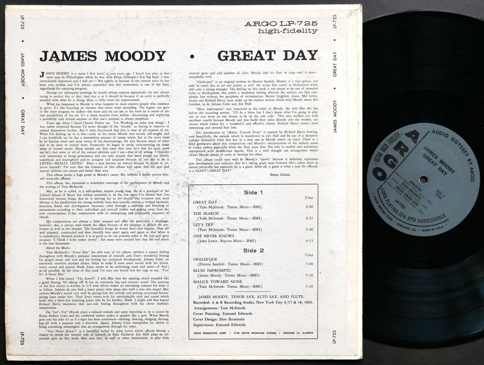 JAMES MOODY Great Day LP ARGO RECORDS LP 729 US 1963 JAZZ MONO