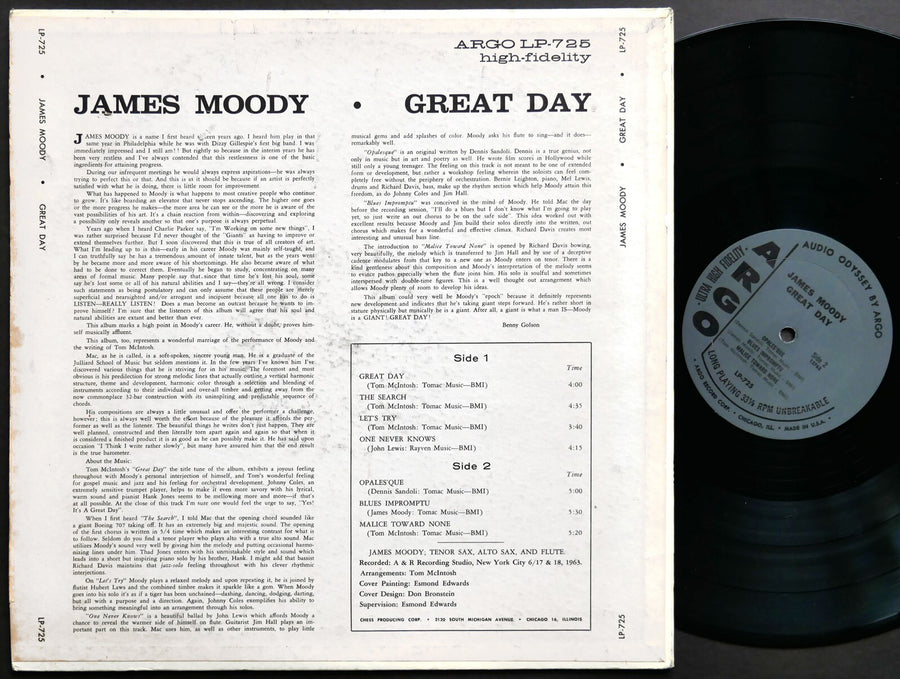 JAMES MOODY Great Day LP ARGO RECORDS LP 729 US 1963 JAZZ MONO
