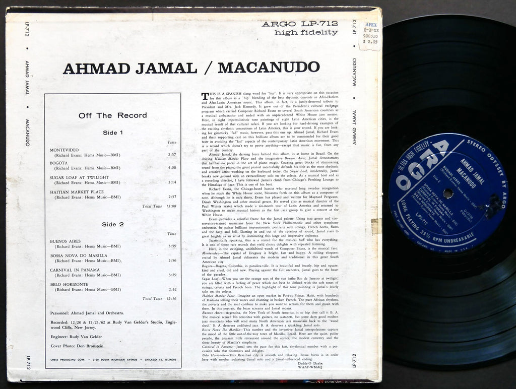 AHMAD JAMAL Macanudo LP ARGO LPS 712 US 1963 JAZZ DG ST Richard Evans