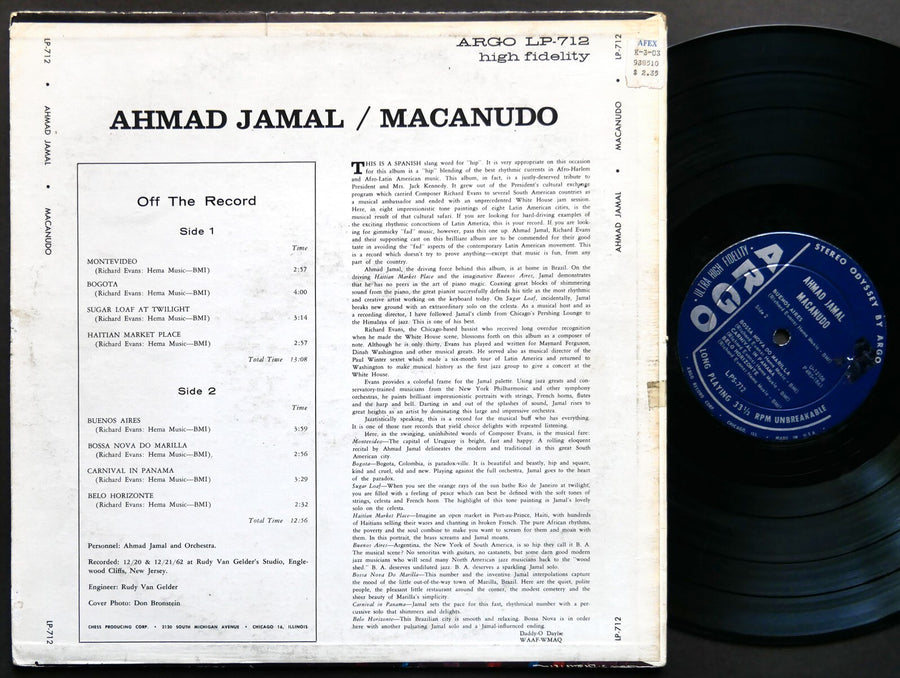 AHMAD JAMAL Macanudo LP ARGO LPS 712 US 1963 JAZZ DG ST Richard Evans