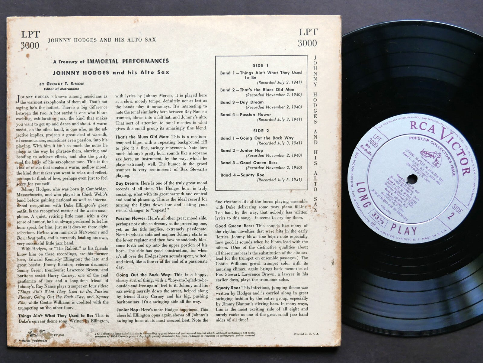 JOHNNY HODGES And His Alto Sax 10" LP RCA VICTOR LPT 3000 DG MONO Duke Ellington